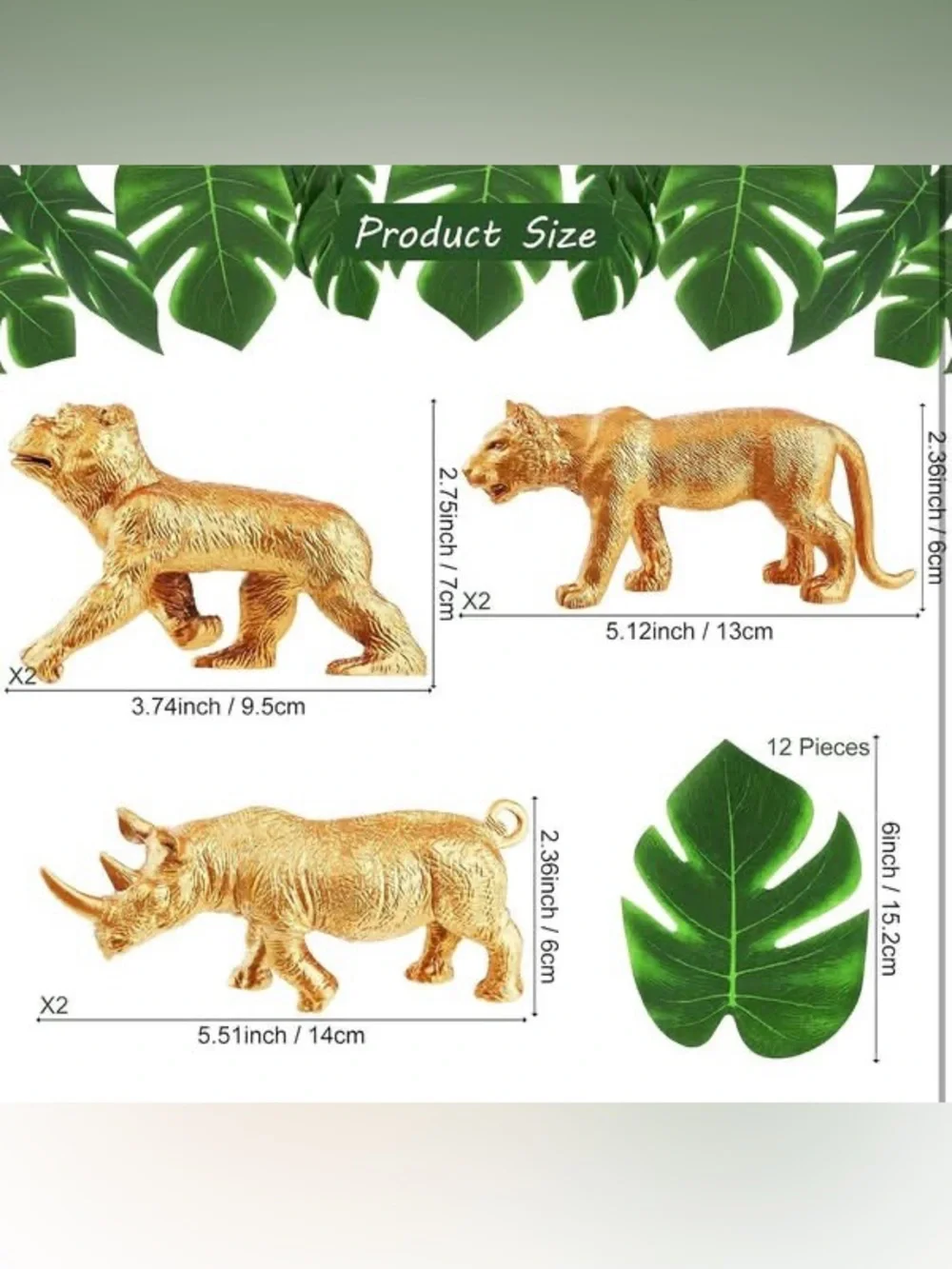 26 pc Gold Animals Safari Figures & Faux Tropical Palm Leaves Cake Topper